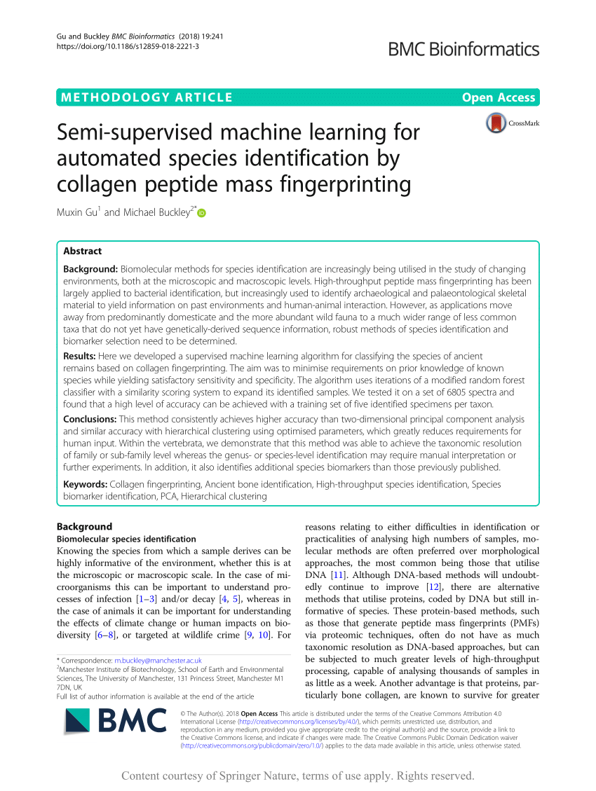 Pdf Semi Supervised Machine Learning For Automated Species Identification By Collagen Peptide Mass Fingerprinting