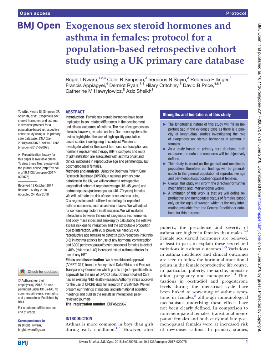 Pdf Exogenous Sex Steroid Hormones And Asthma In Females Protocol