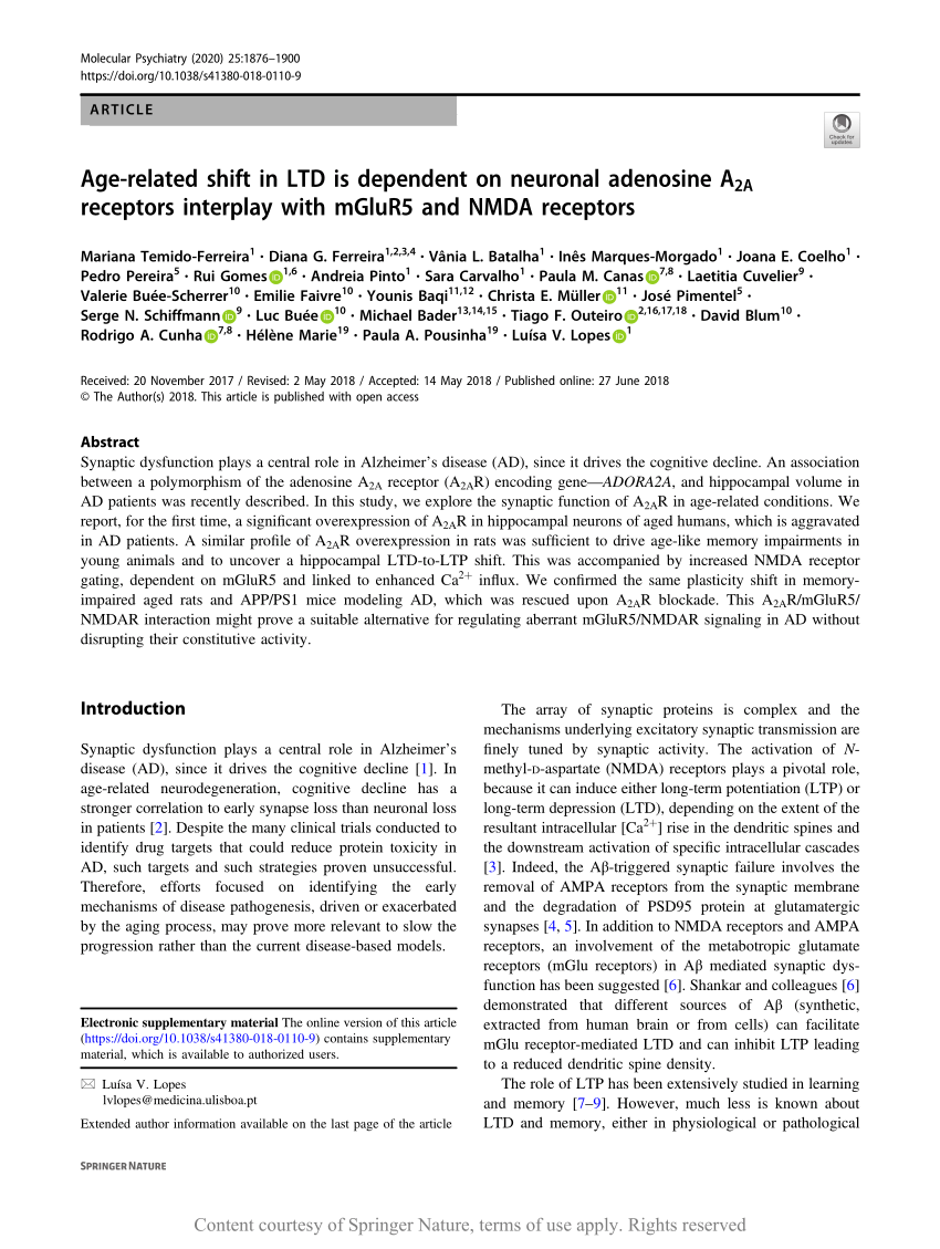 PDF) Age-related shift in LTD is dependent on neuronal adenosine A2A  receptors interplay with mGluR5 and NMDA receptors