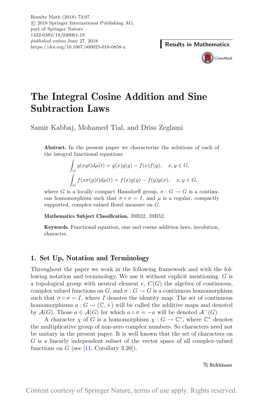 The Integral Cosine Addition And Sine Subtraction Laws Request Pdf