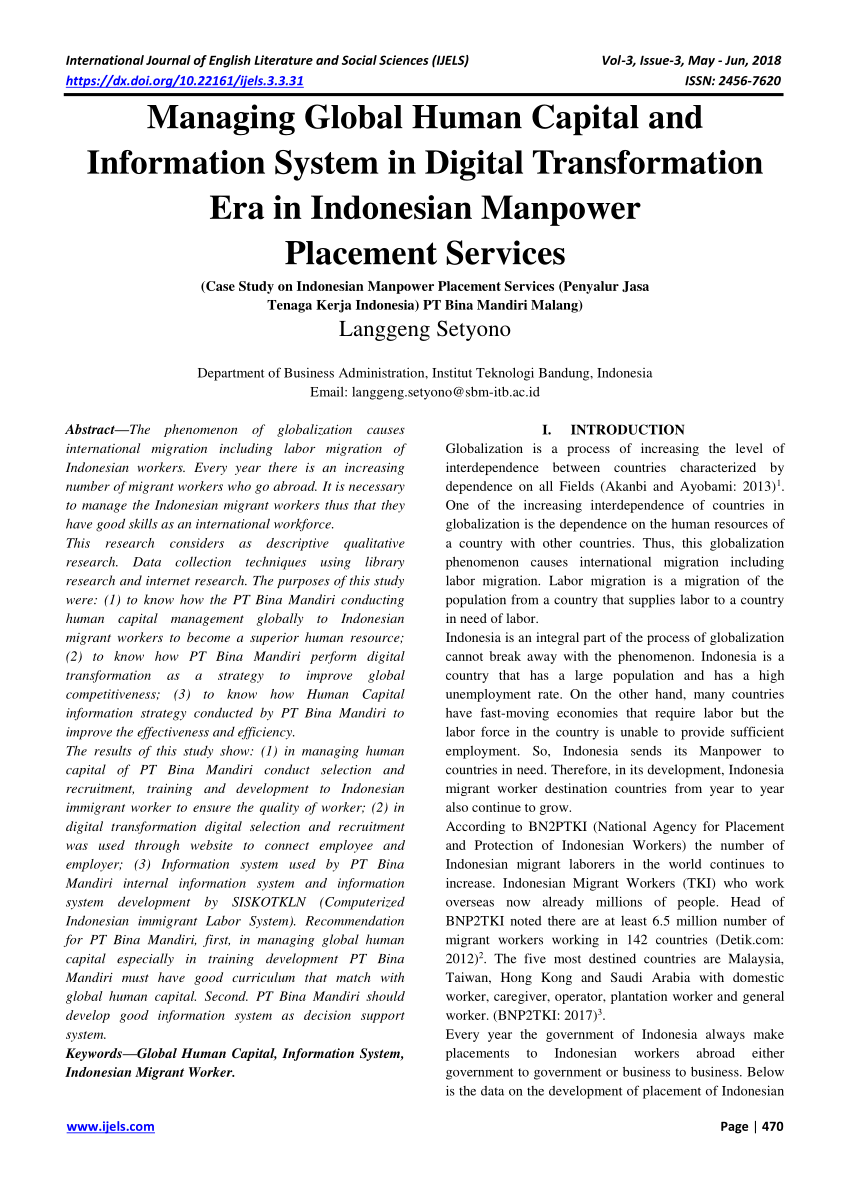 Pdf Managing Global Human Capital And Information System In Digital Transformation Era In Indonesian Manpower Placement Services