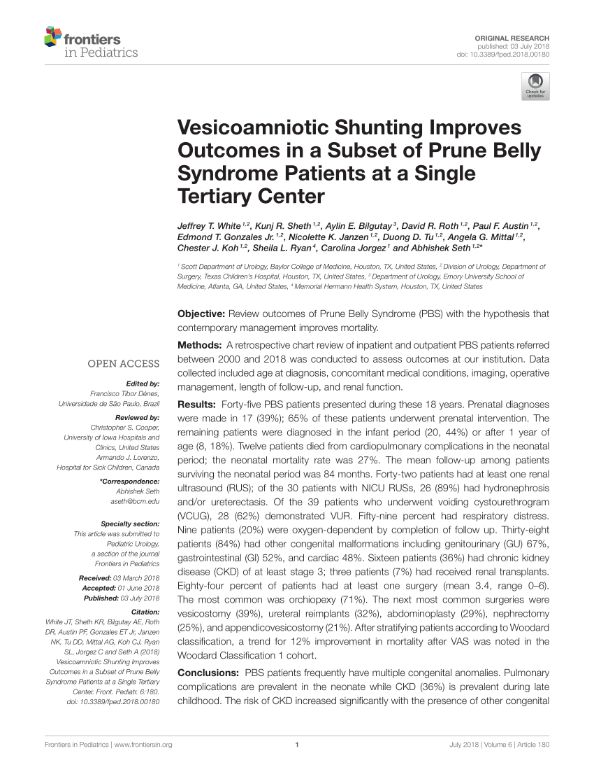 Pdf Vesicoamniotic Shunting Improves Outcomes In A Subset Of Prune Belly Syndrome Patients At A Single Tertiary Center