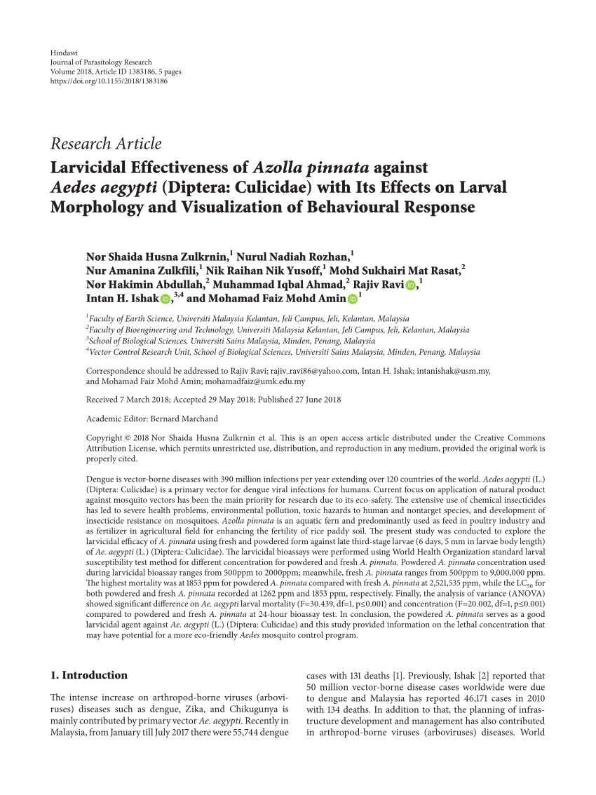 pdf larvicidal effectiveness of azolla pinnata against aedes aegypti diptera culicidae with its effects on larval morphology and visualization of behavioural response