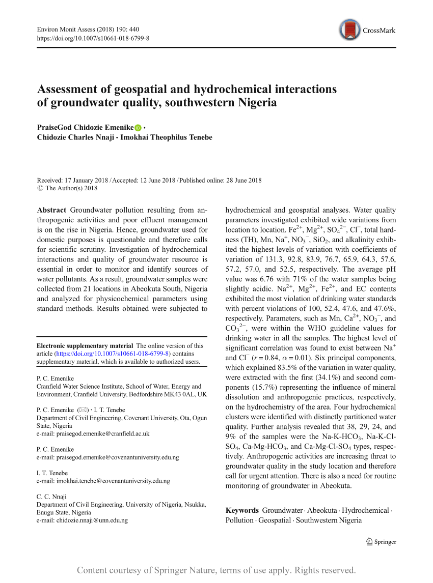 Pdf Assessment Of Geospatial And Hydrochemical Interactions Of Groundwater Quality Southwestern Nigeria