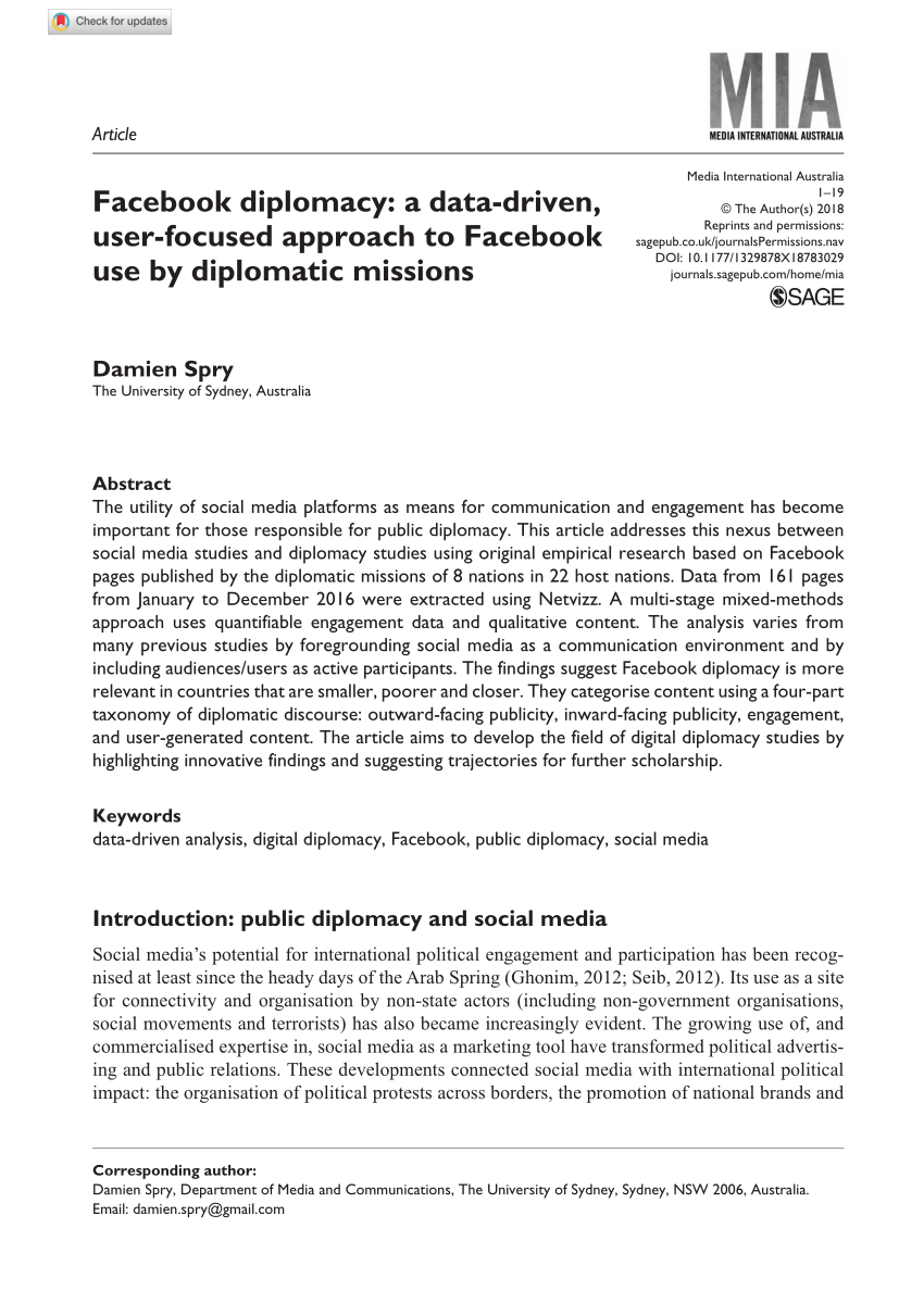 Pdf Facebook Diplomacy A Data Driven User Focused Approach To Facebook Use By Diplomatic Missions