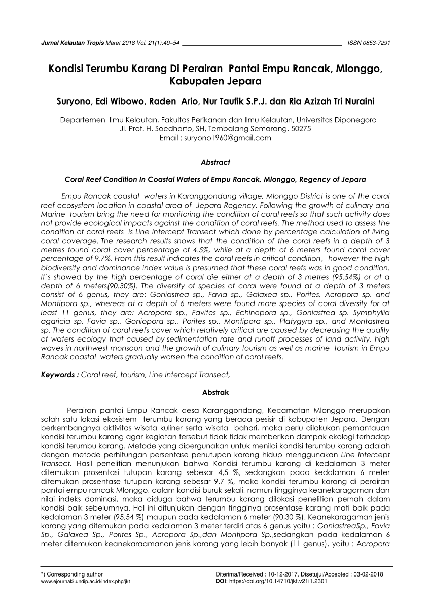 Pdf Kondisi Terumbu Karang Di Pantai Empu Rancak Kabupaten