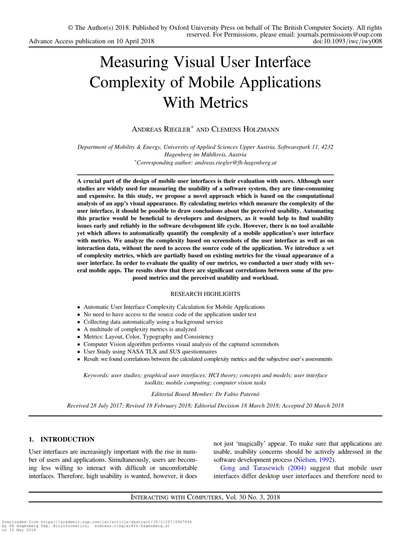 Pdf Measuring Visual User Interface Complexity Of Mobile Applications With Metrics