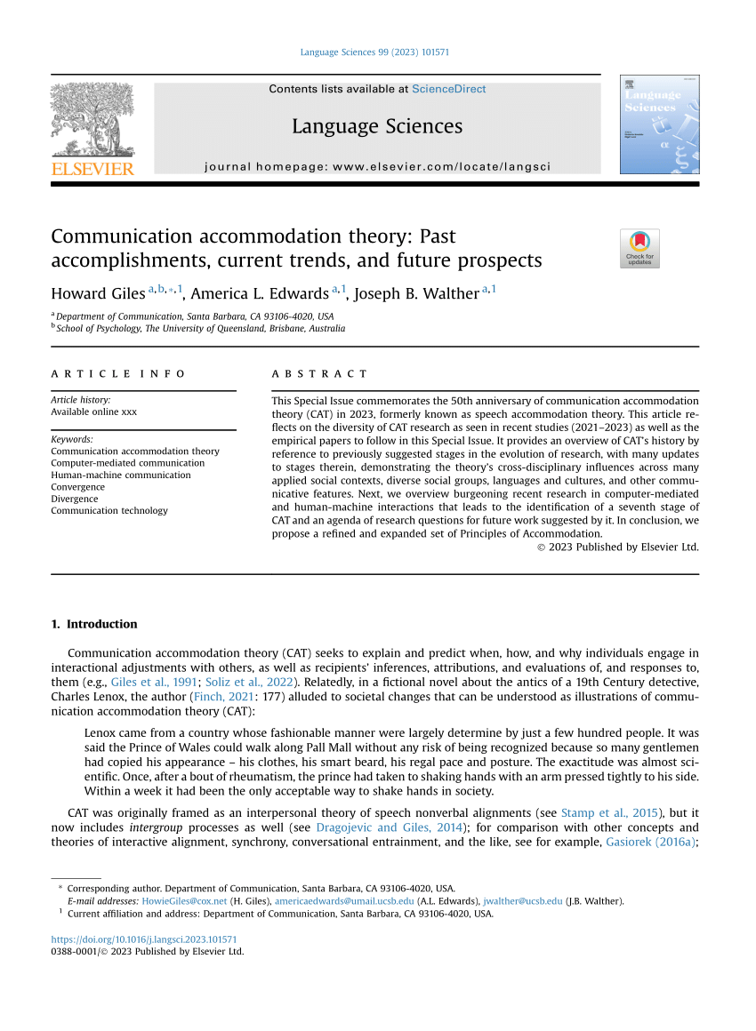 PDF) Communication accommodation theory: Negotiating personal relationships  and social identities across contexts