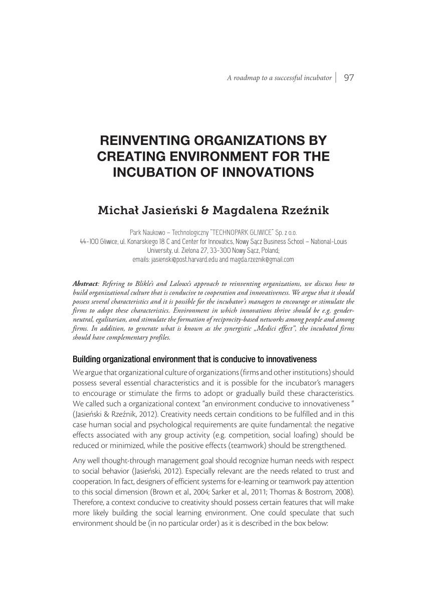 Pdf Reinventing Organizations By Creating Environment For The