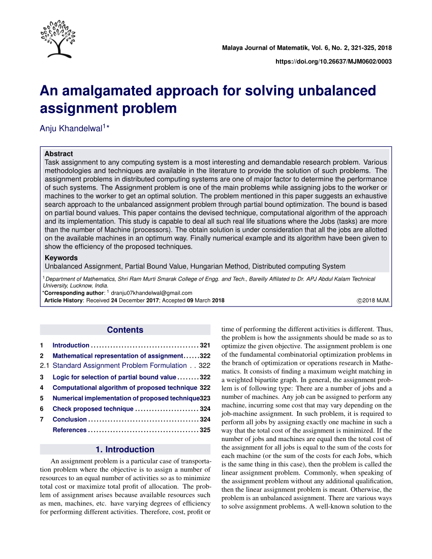 [PDF] An Amalgamated Approach for Solving Unbalanced Assignment Problem