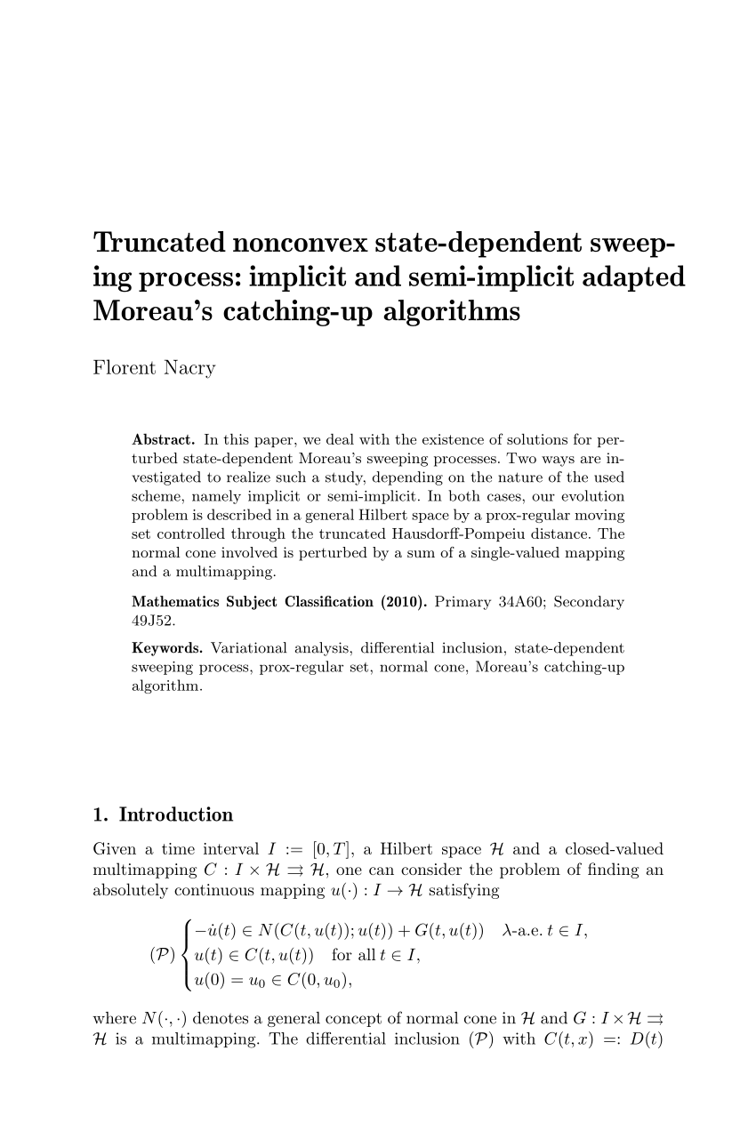 Pdf Truncated Nonconvex State Dependent Sweeping Process Implicit And Semi Implicit Adapted Moreau S Catching Up Algorithms