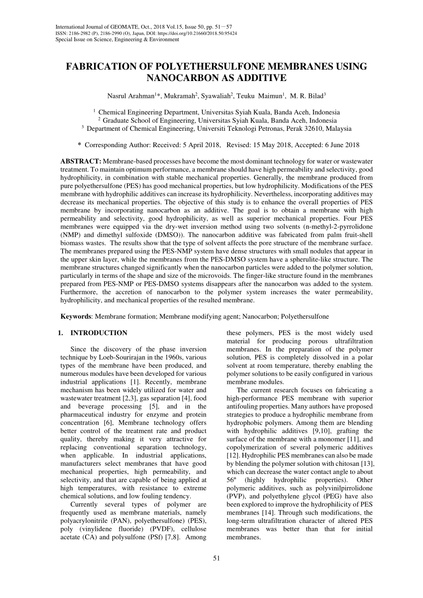 Pdf Fabrication Of Polyethersulfone Membranes Using Nanocarbon As Additive