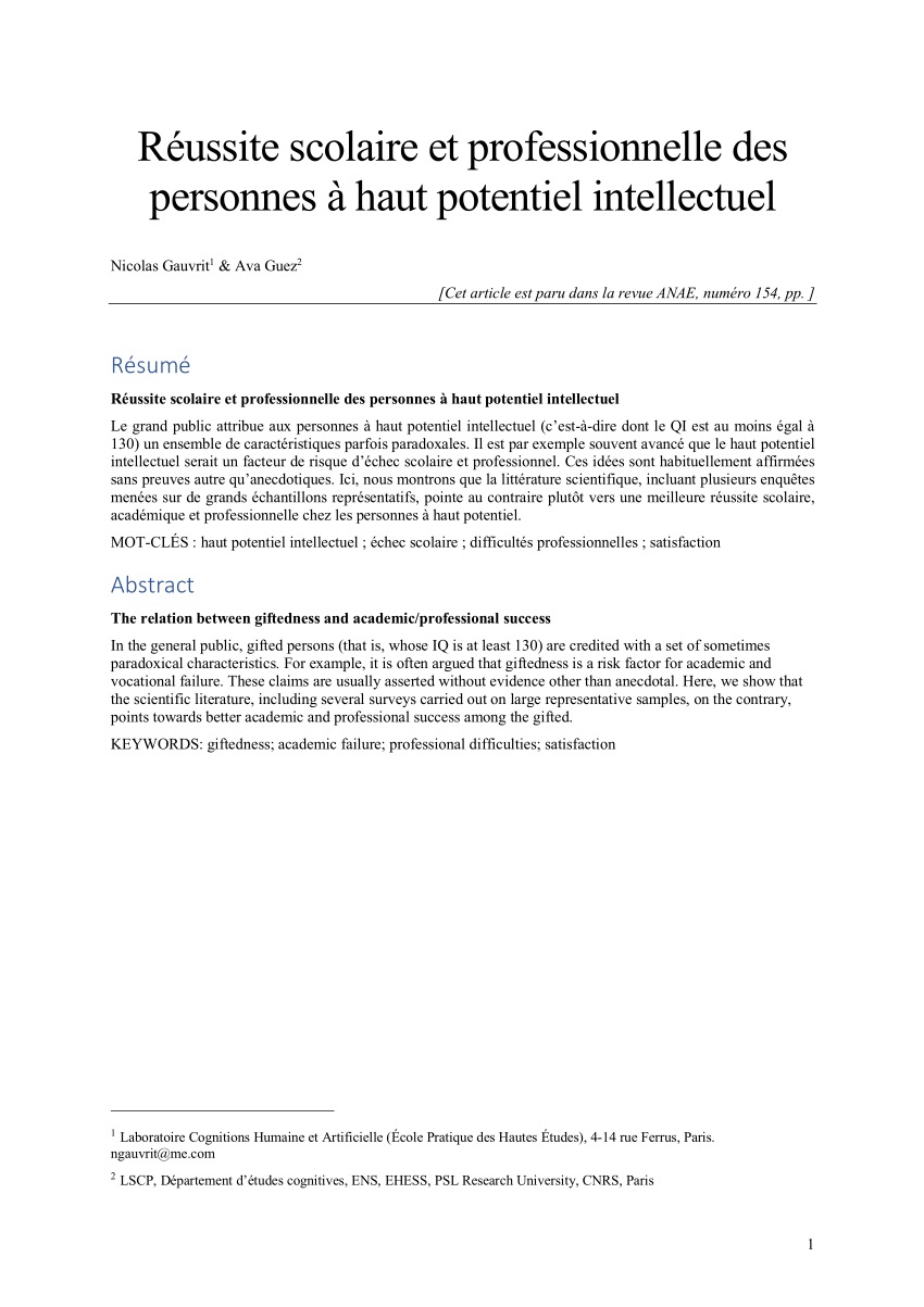 Pdf Reussite Scolaire Et Professionnelle Des Personnes A Haut Potentiel Intellectuel