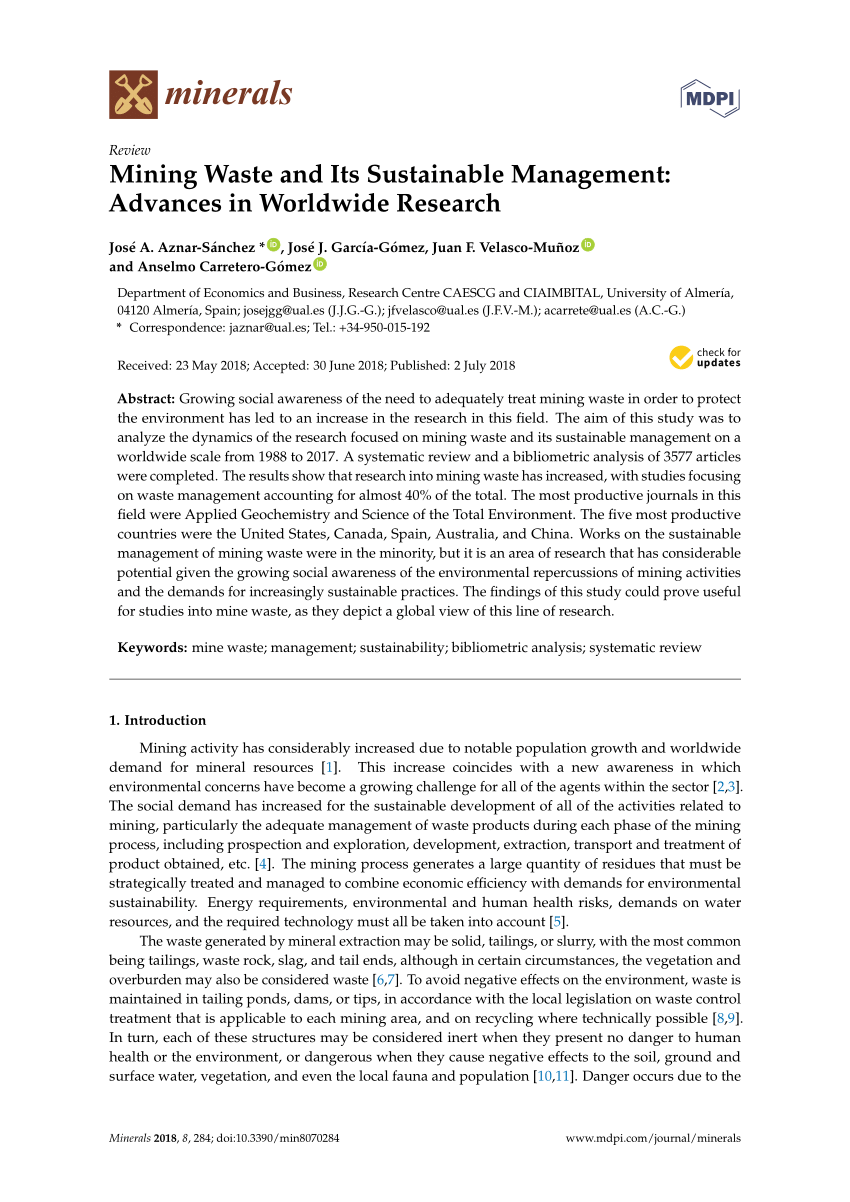 Pdf Mining Waste And Its Sustainable Management Advances In Worldwide Research