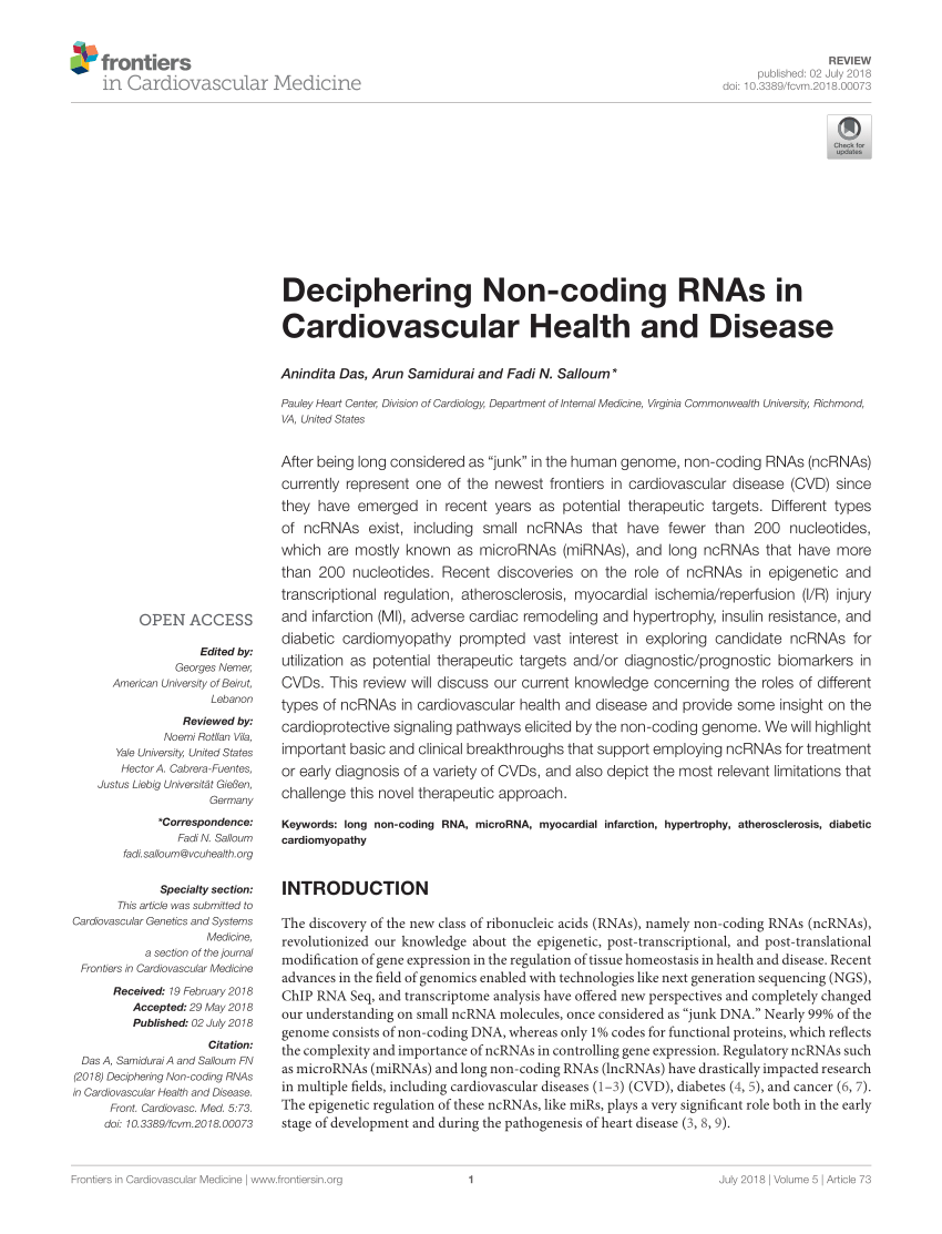 PDF) Deciphering Non-coding RNAs in Cardiovascular Health and Disease