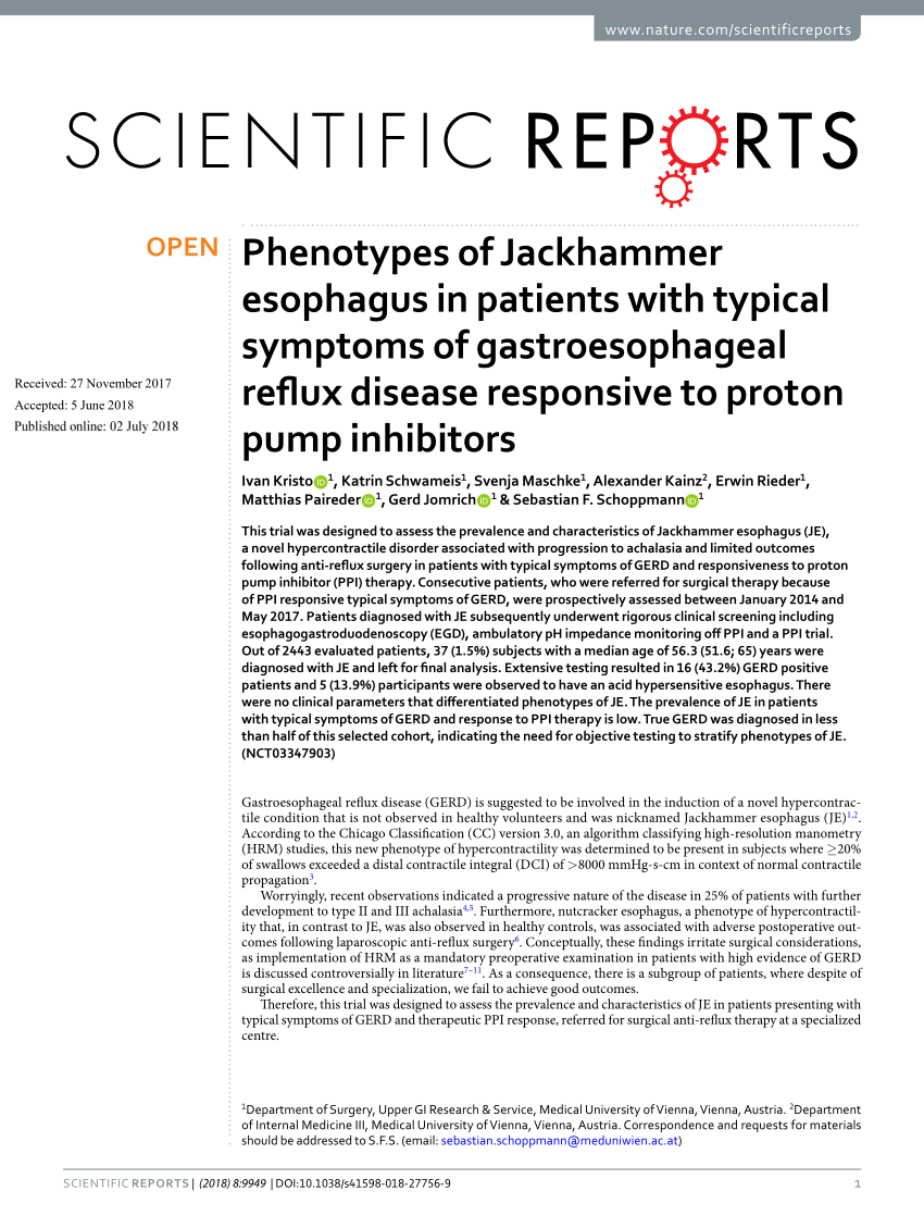 Pdf Phenotypes Of Jackhammer Esophagus In Patients With Typical Symptoms Of Gastroesophageal Reflux Disease Responsive To Proton Pump Inhibitors