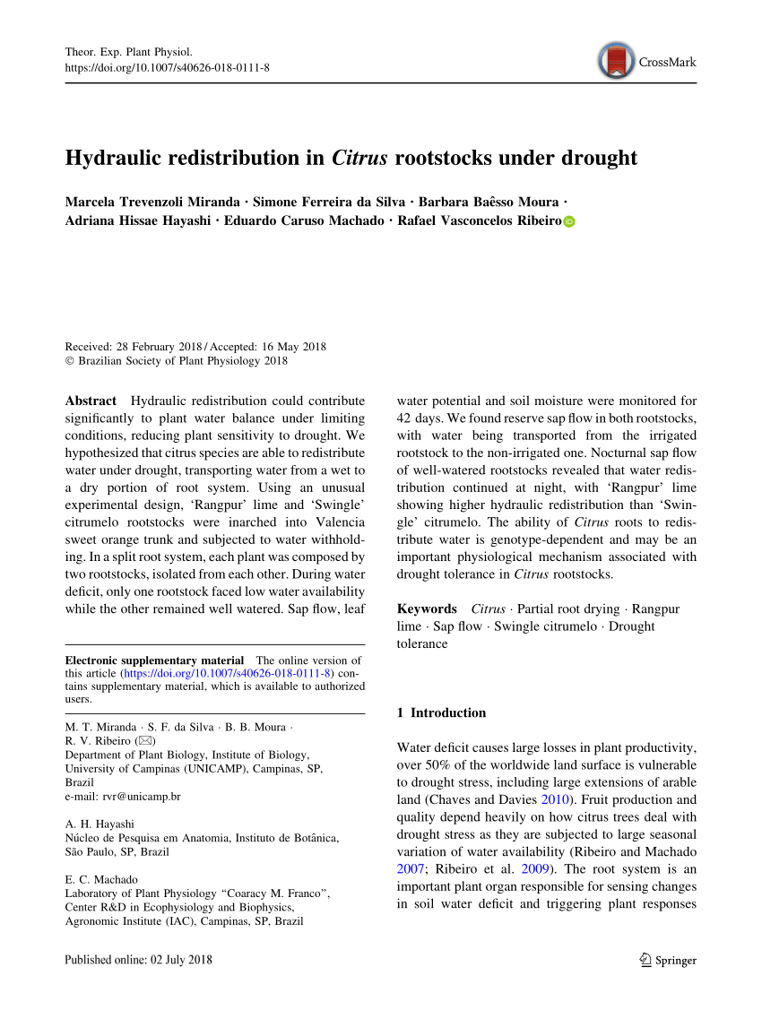 PDF Hydraulic redistribution in Citrus rootstocks under drought