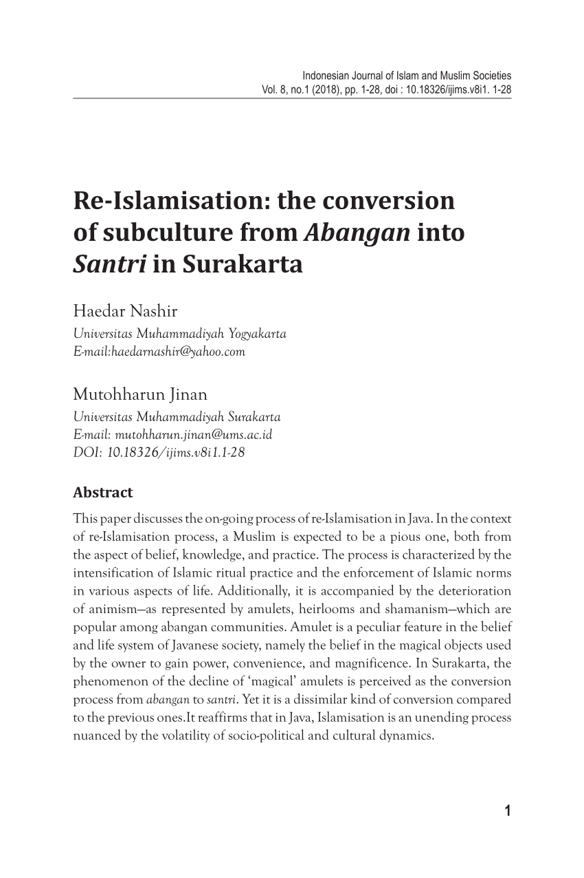 Pdf Re Islamisation The Conversion Of Subculture From Abangan Intosantri In Surakarta
