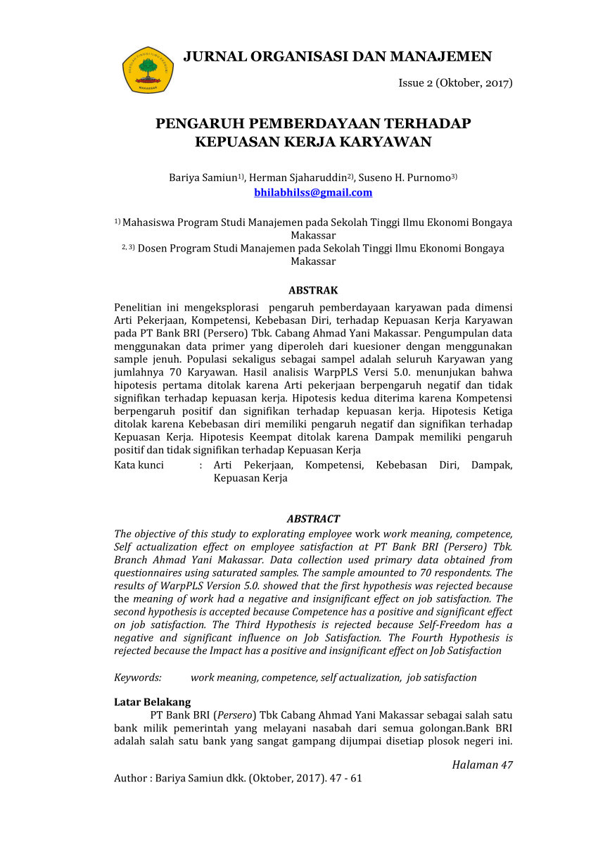 (PDF) PENGARUH PEMBERDAYAAN TERHADAP KEPUASAN KERJA KARYAWAN