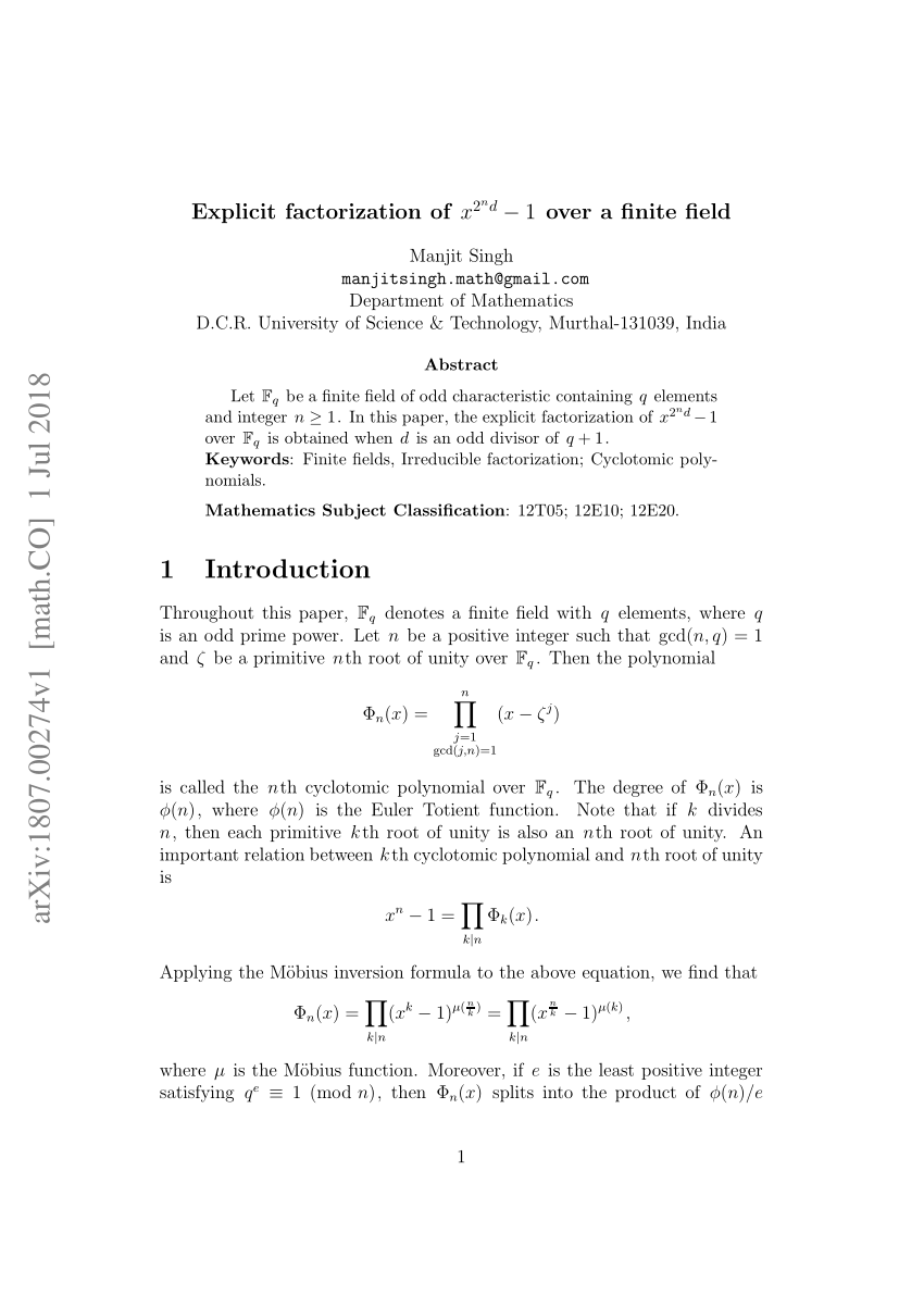 Pdf Explicit Factorization Of X 2 Nd 1 Over A Finite Field