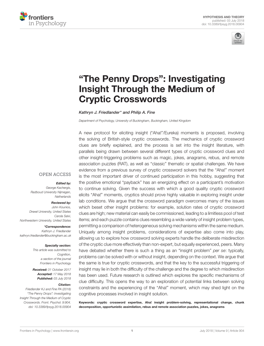 Pdf The Penny Drops Investigating Insight Through The Medium Of Cryptic Crosswords
