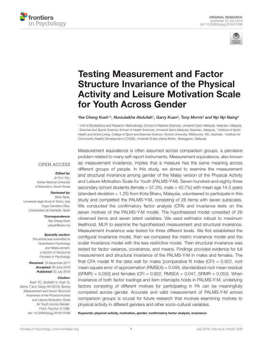 Pdf Testing Measurement And Factor Structure Invariance Of The Physical Activity And Leisure Motivation Scale For Youth Across Gender