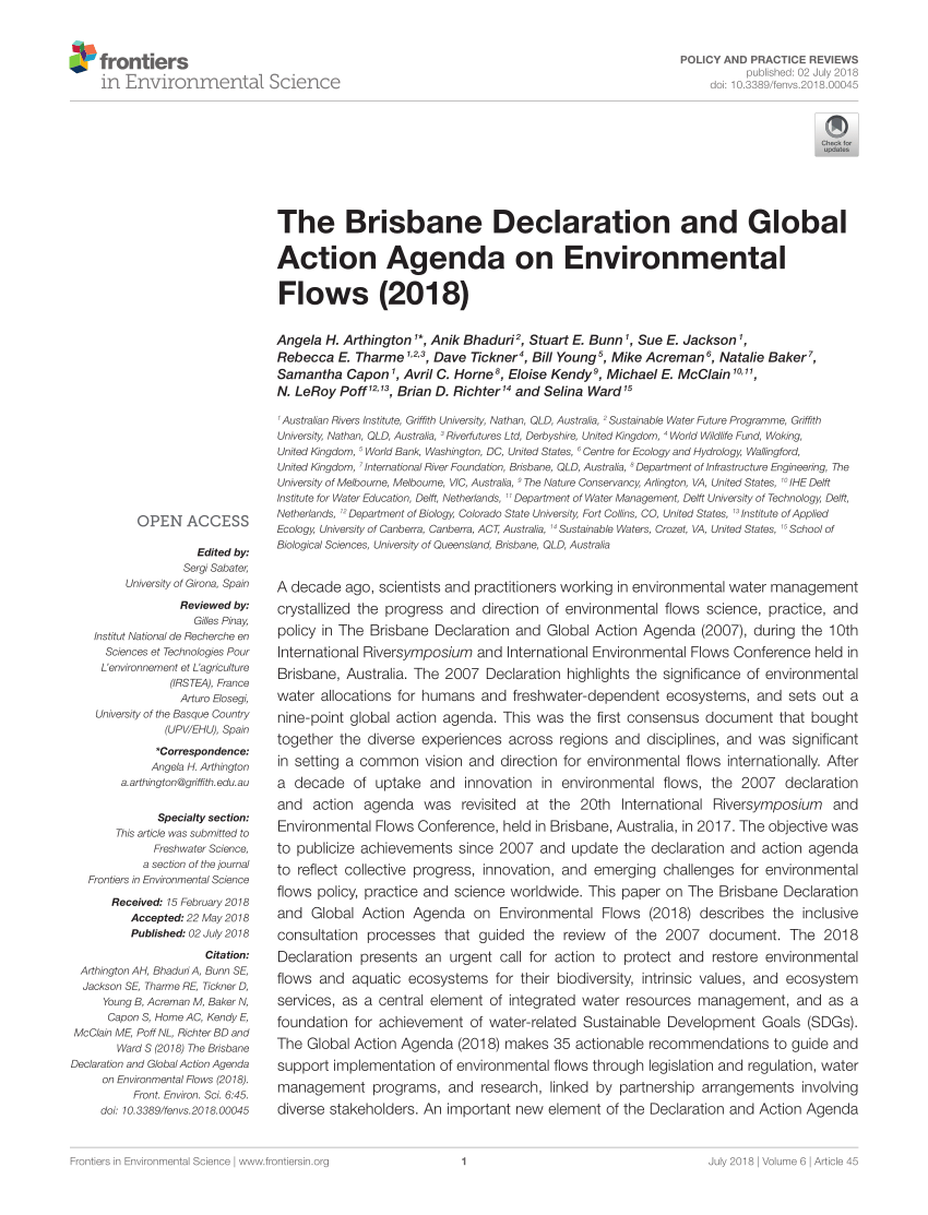 Pdf The Brisbane Declaration And Global Action Agenda On Environmental Flows 18