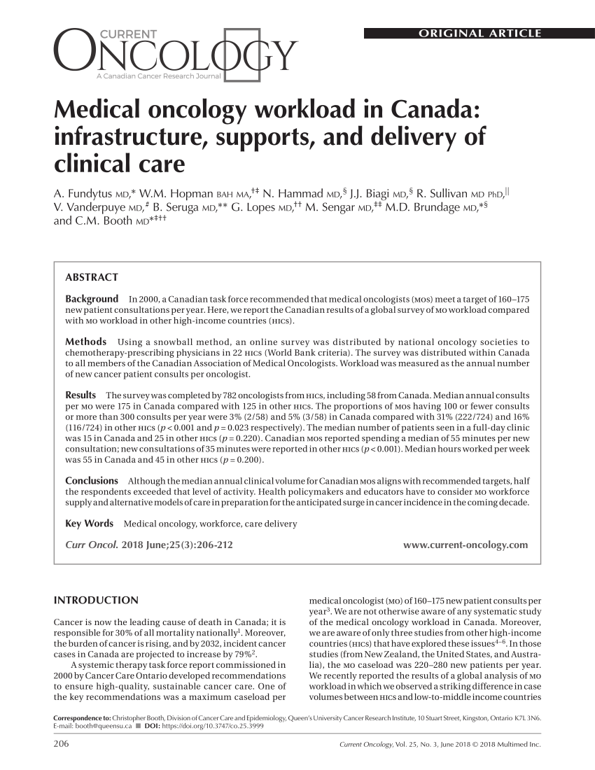 Pdf Medical Oncology Workload In Canada Infrastructure Supports And Delivery Of Clinical Care
