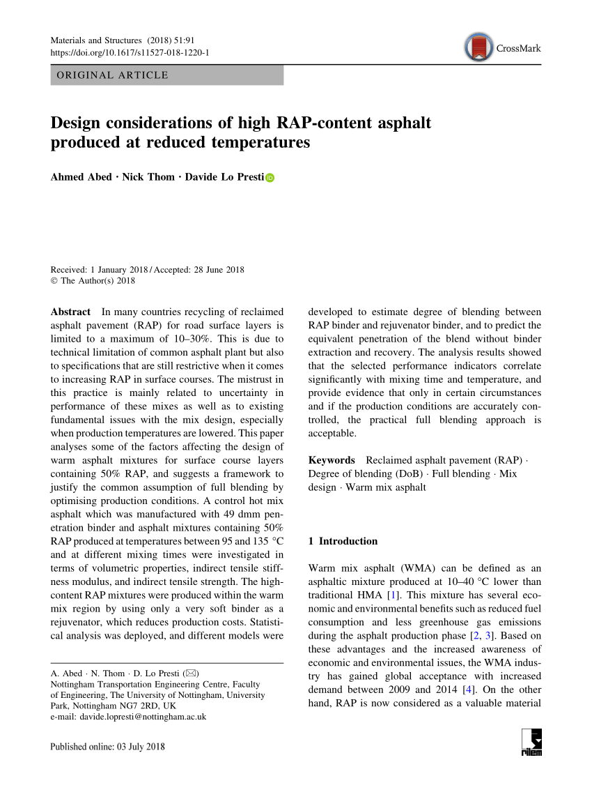 PDF) Design considerations of high RAP-content asphalt produced at