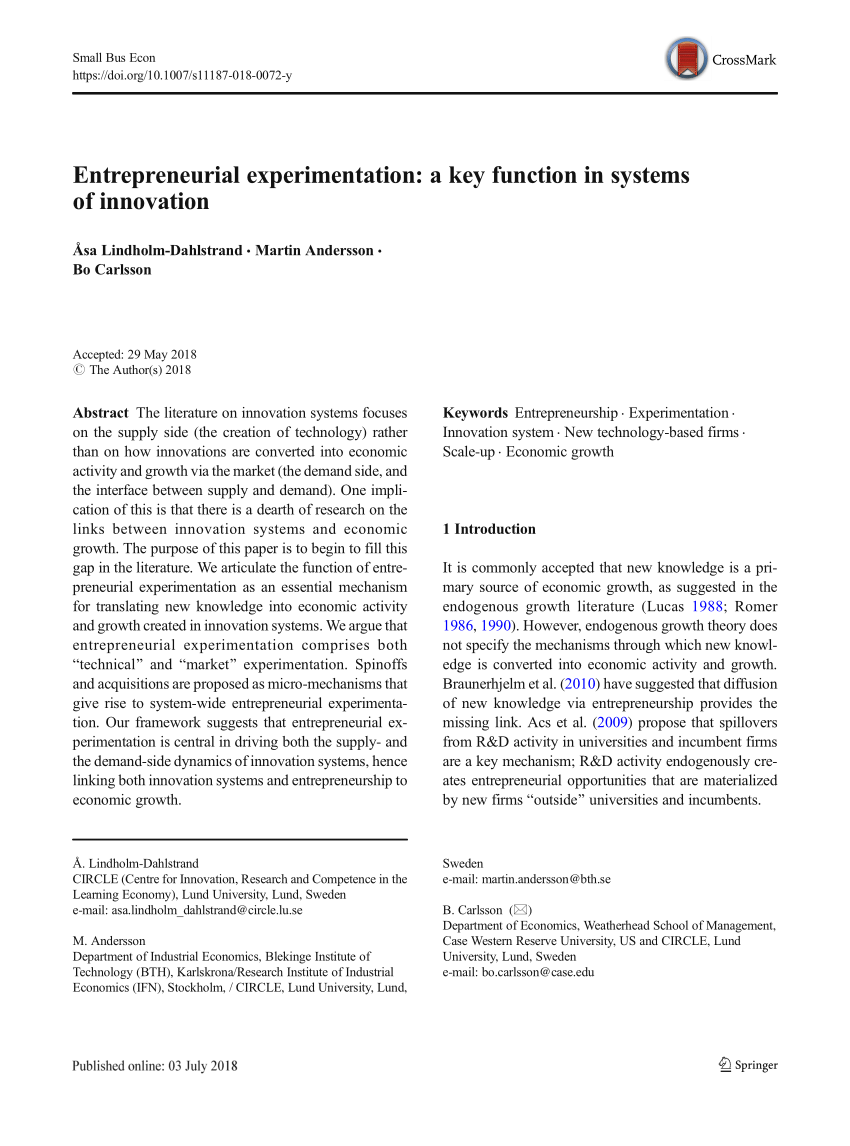 Pdf Entrepreneurial Experimentation A Key Function In Systems Of Innovation