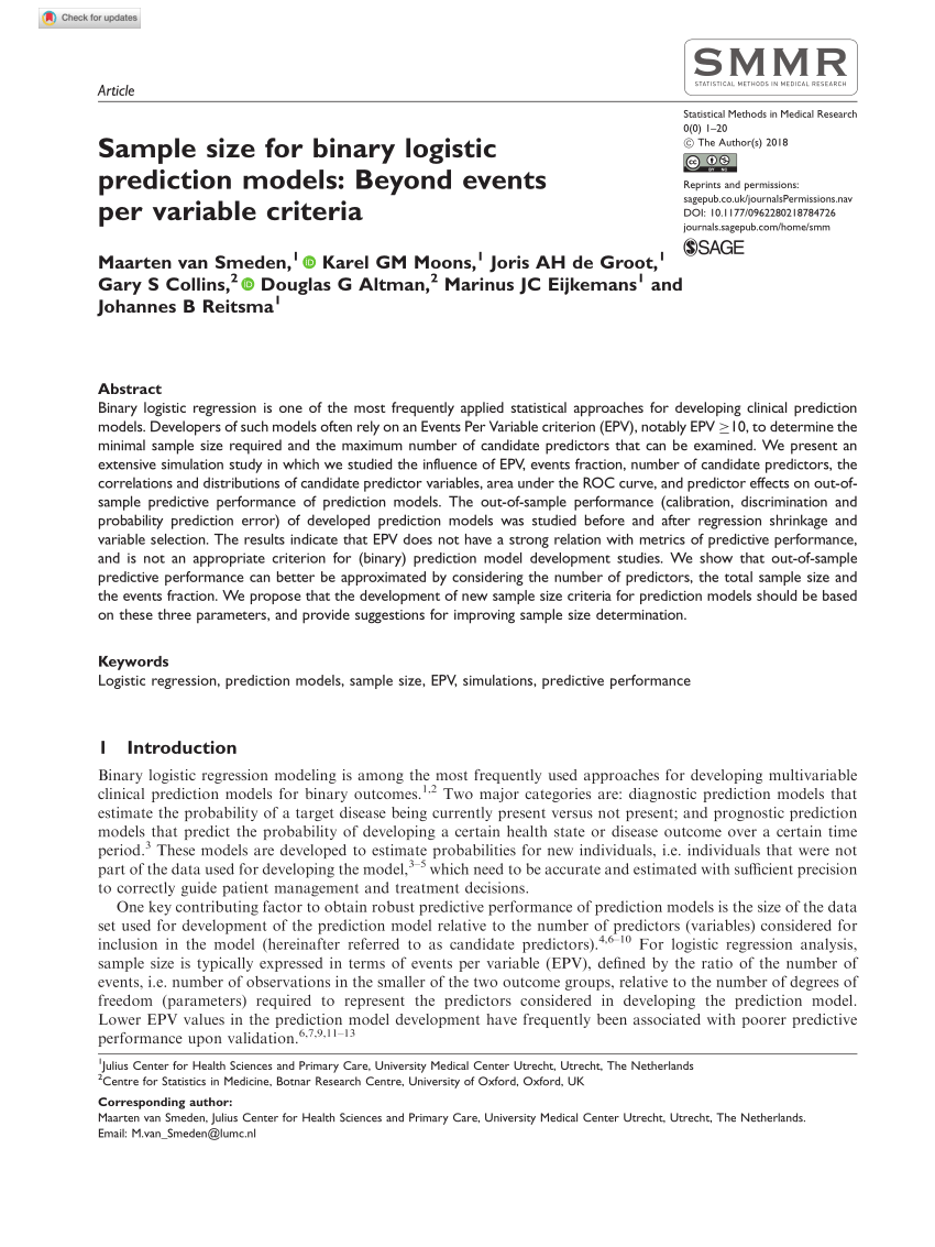 Pdf Sample Size For Binary Logistic Prediction Models Beyond Events Per Variable Criteria