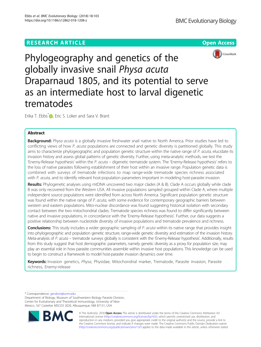 Pdf Phylogeography And Genetics Of The Globally Invasive Snail Physa Acuta Draparnaud 1805 And Its Potential To Serve As An Intermediate Host To Larval Digenetic Trematodes