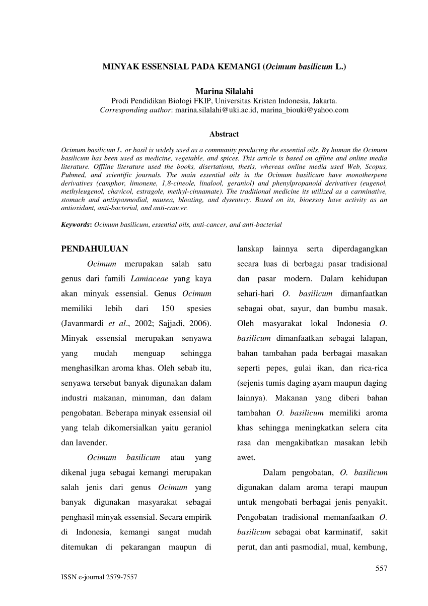 Pdf Minyak Essensial Pada Kemangi Ocimum Basilicum L