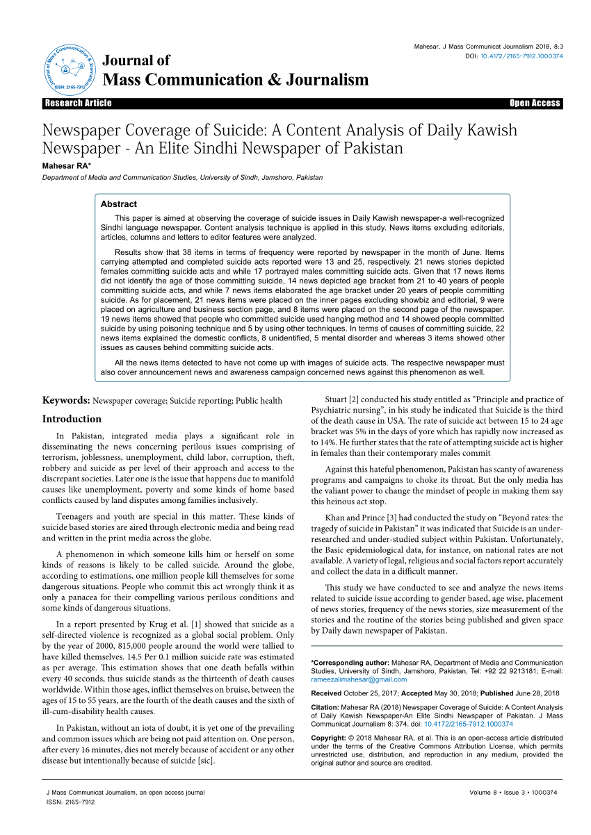 Pdf Newspaper Coverage Of Suicide A Content Analysis Of Daily Kawishnewspaper An Elite Sindhi Newspaper Of Pakistan 2165 7912