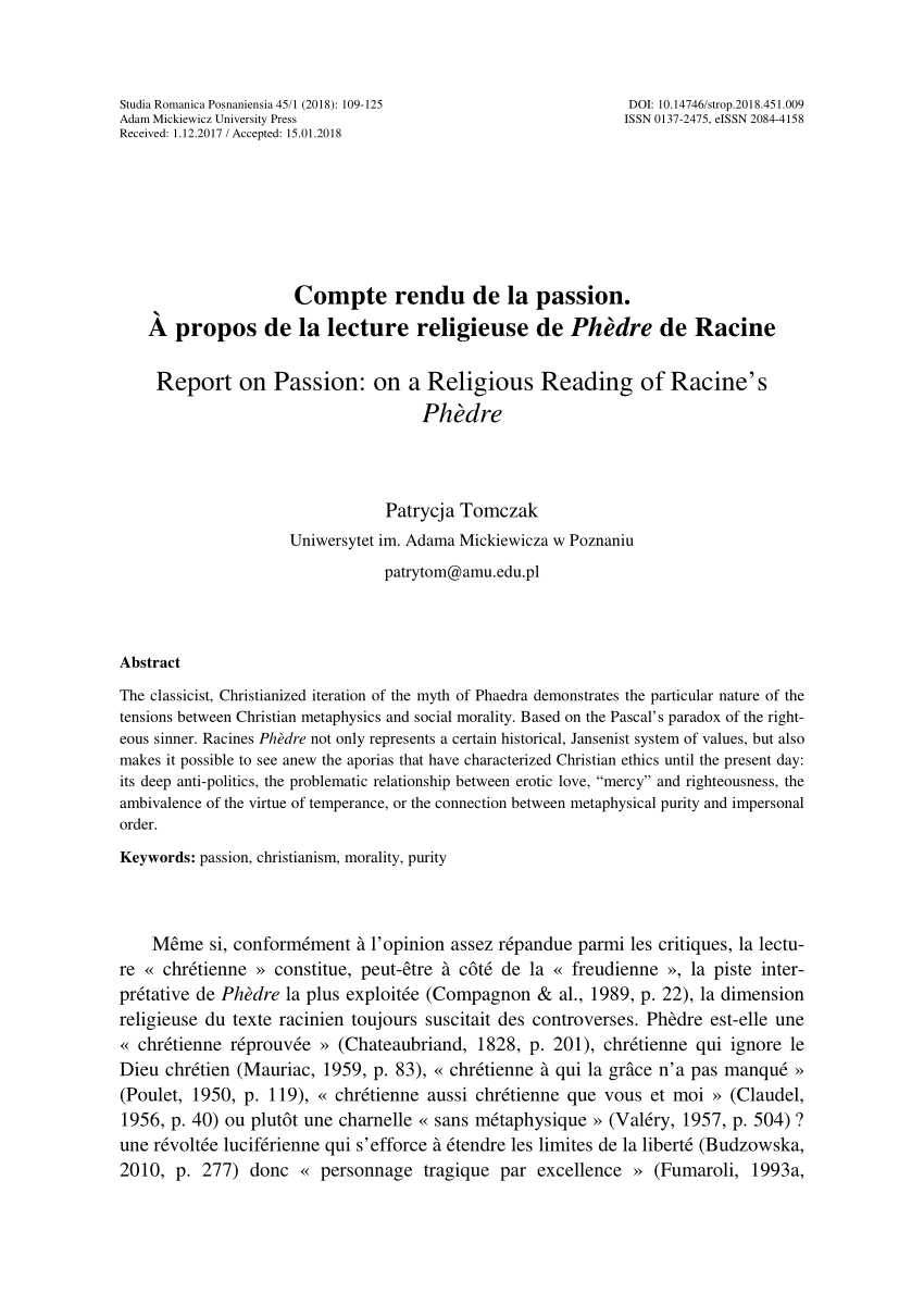 Pdf Compte Rendu De La Passion A Propos De La Lecture Religieuse De Phedre De Racine