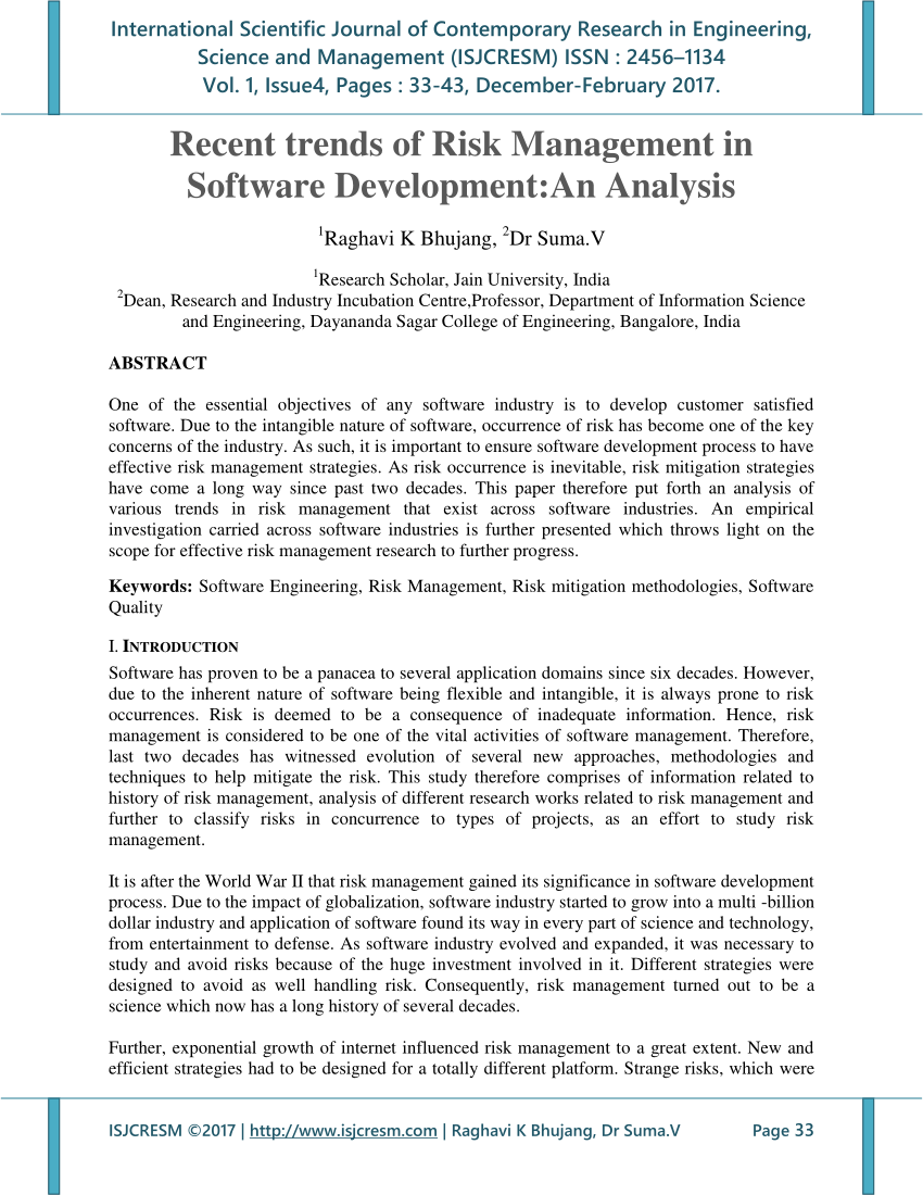 (PDF) Recent trends of Risk Management in Software Development:An Analysis