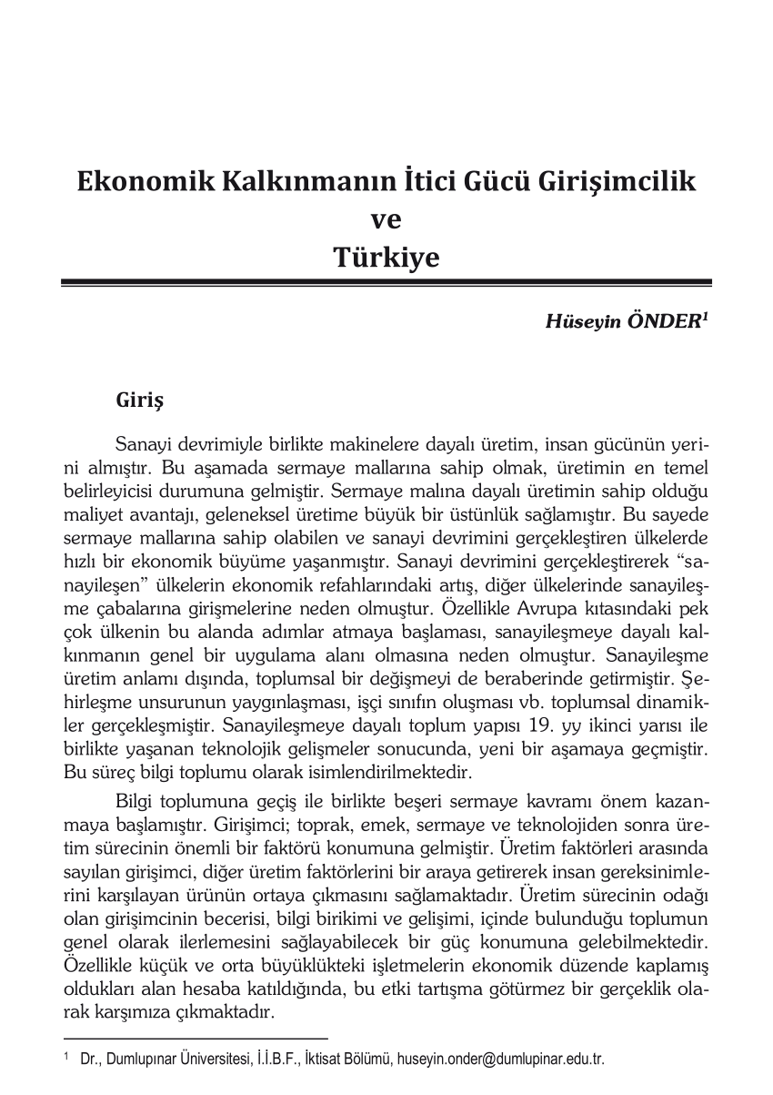 Pdf Ekonomik Kalkinmanin Itici Gucu Girisimcilik Ve Turkiye