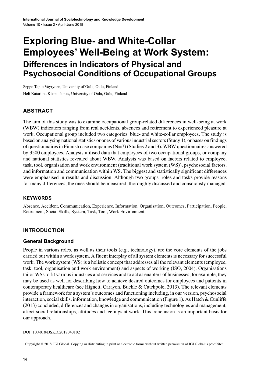 PDF) Exploring Blue- and White-Collar Employees' Well-Being at Work System:  Differences in Indicators of Physical and Psychosocial Conditions of  Occupational Groups