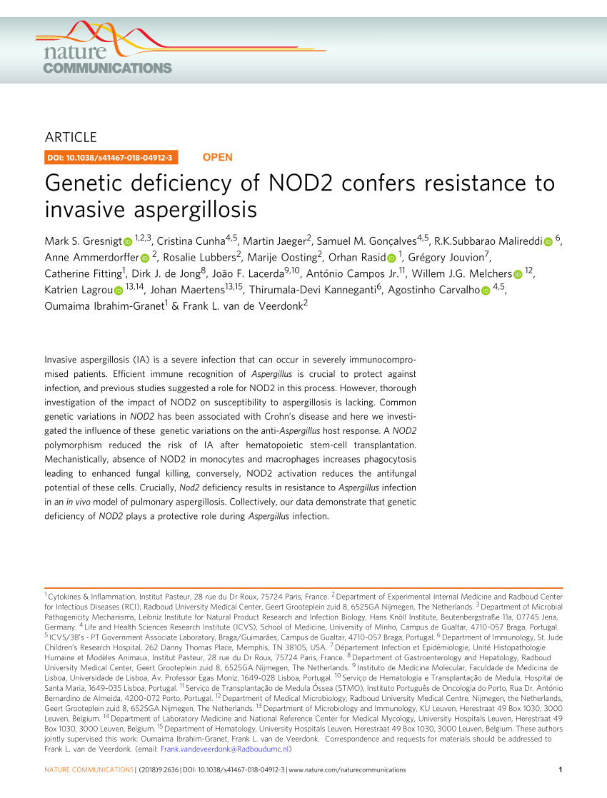 PDF) Genetic deficiency of NOD2 confers resistance to invasive aspergillosis