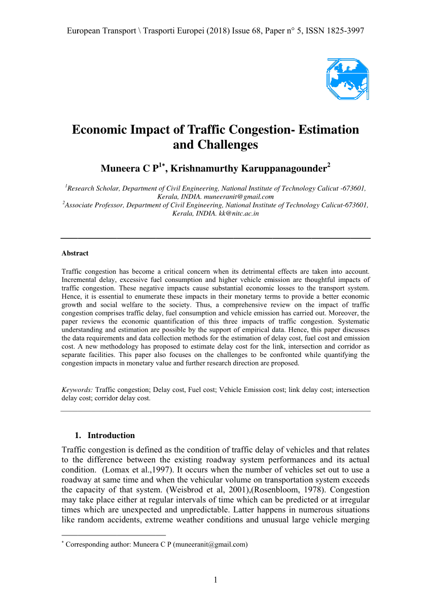 Pdf Economic Impact Of Traffic Congestion Estimation And Challenges