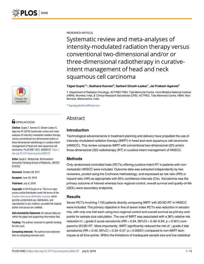 Pdf Systematic Review And Meta Analyses Of Intensity Modulated Radiation Therapy Versus 2238