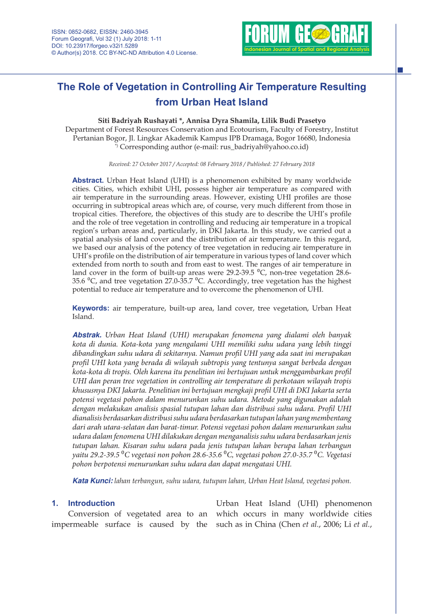 Pdf The Role Of Vegetation In Controlling Air Temperature Resulting From Urban Heat Island