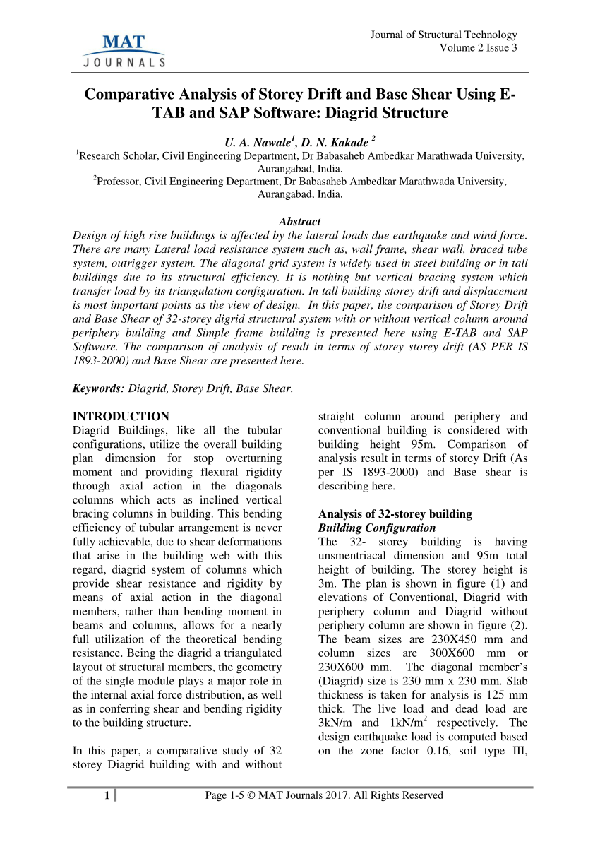 Pdf Comparative Analysis Of Storey Drift And Base Shear Using E Tab And Sap Software Diagrid Structure