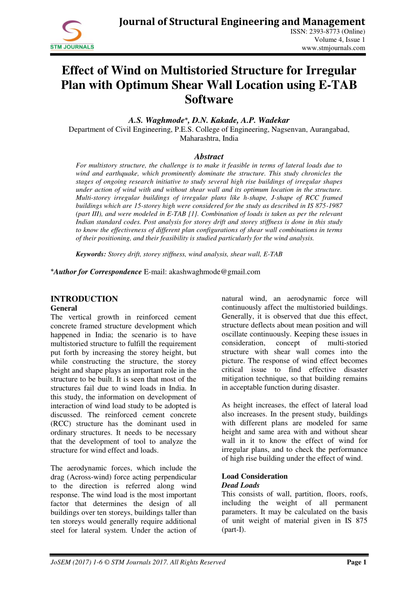 Pdf Journal Of Structural Engineering And Management Effect Of Wind On Multistoried Structure For Irregular Plan With Optimum Shear Wall Location Using E Tab Software