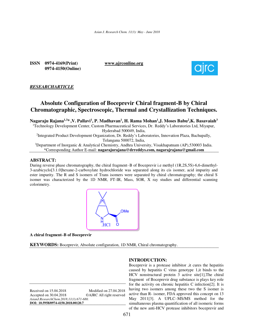 Pdf Absolute Configuration Of Boceprevir Chiral Fragment B By Chiral Chromatographic Spectroscopic Thermal And Crystallization Techniques