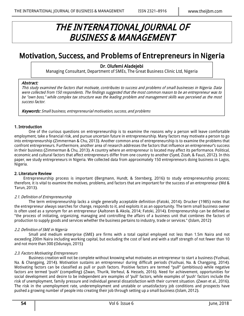 Pdf The International Journal Of Business Management Motivation Success And Problems Of Entrepreneurs In Nigeria
