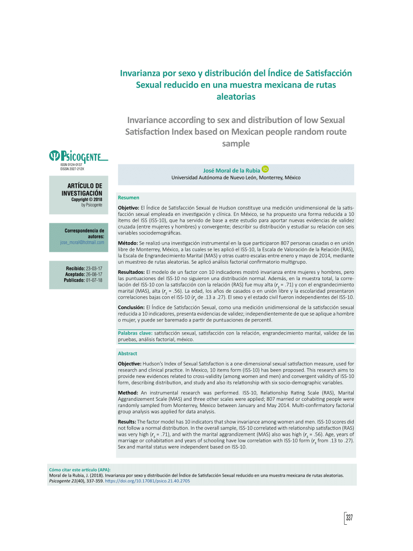 PDF) Invarianza por sexo y distribución del Índice de Satisfacción Sexual reducido en una muestra mexicana de rutas aleatorias
