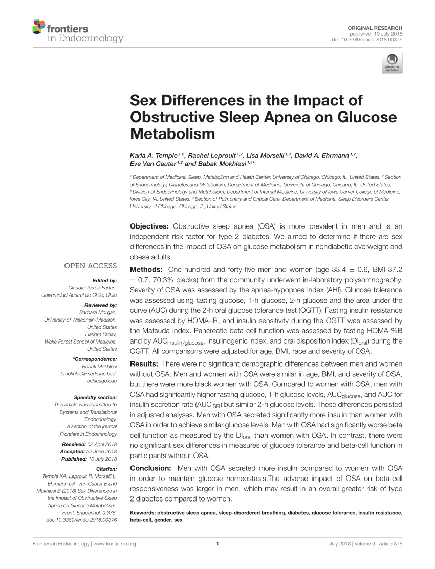 Pdf Sex Differences In The Impact Of Obstructive Sleep Apnea On Glucose Metabolism