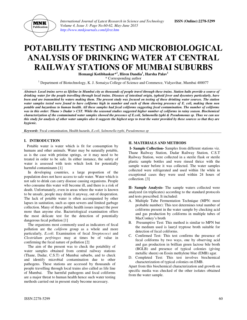 Pdf Potability Testing And Microbiological Analysis Of Drinking Water At Central Railway Stations Of Mumbai Suburbs