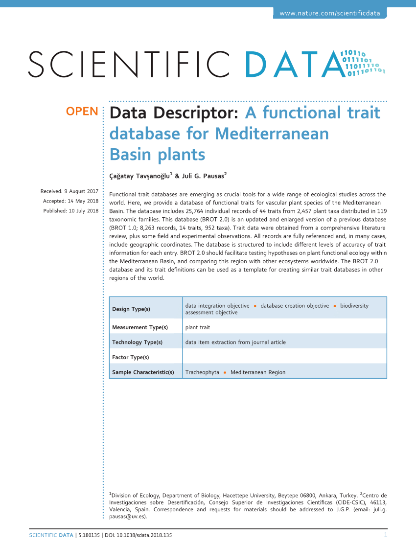 Pdf A Functional Trait Database For Mediterranean Basin Plants